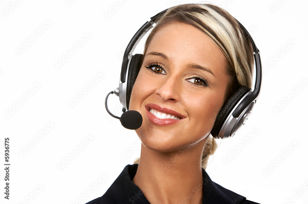Pretty business woman with headset. Over white background . Pretty business woman with headset. Over white background .