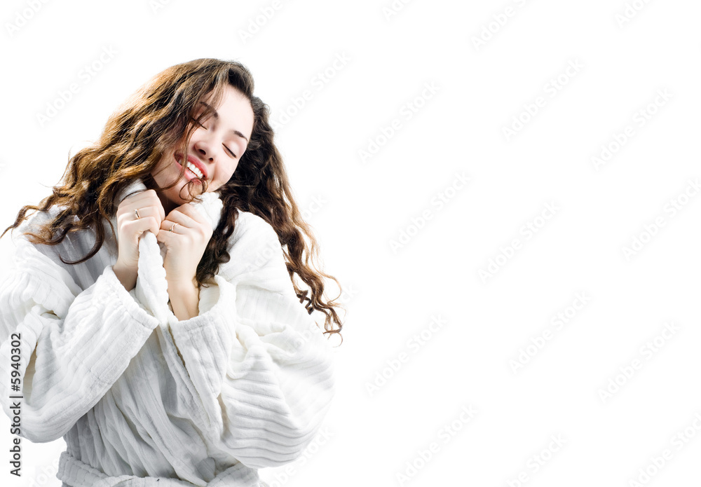 girl in a bathrobe on the wite backgraund girl in a bathrobe on the wite backgraund