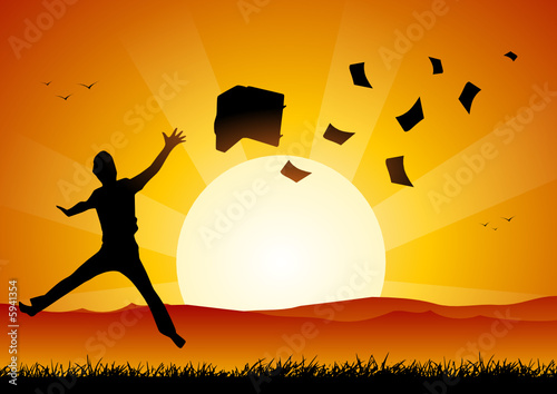 Business man launching sheets at sunset