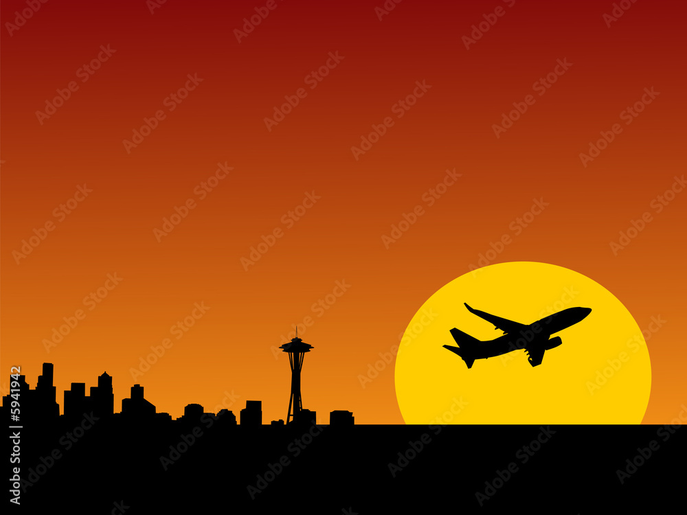plane leaving Seattle at sunset