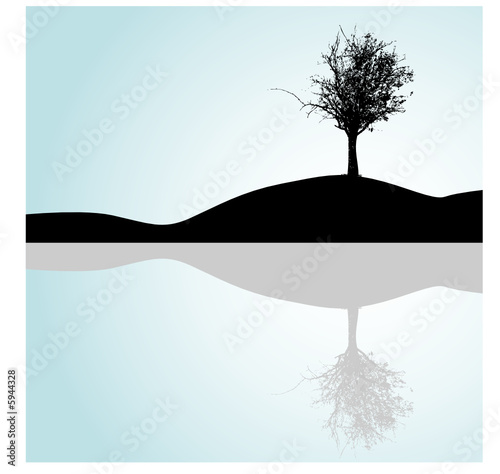 Lonely tree - reflection in water - vector illustration