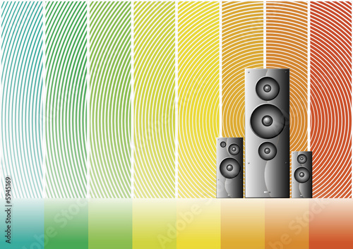 Three shaded speakers on a colorful rainbow background