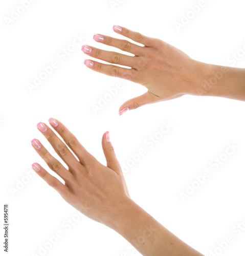 Woman hand on white background