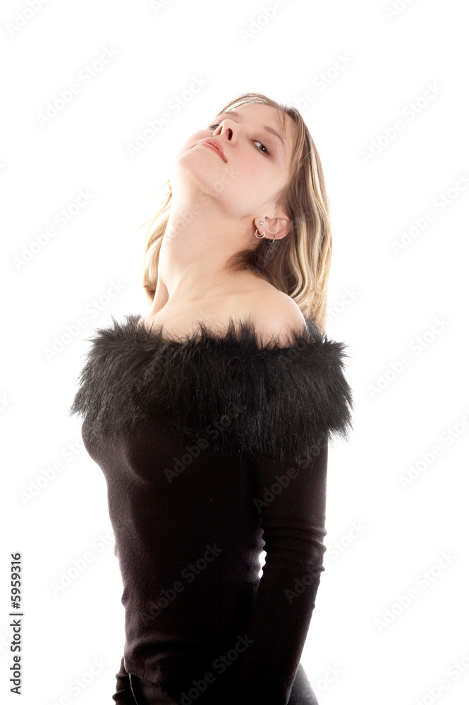 Pretty brunette woman in black dress on white background. Pretty brunette woman in black dress on white background.