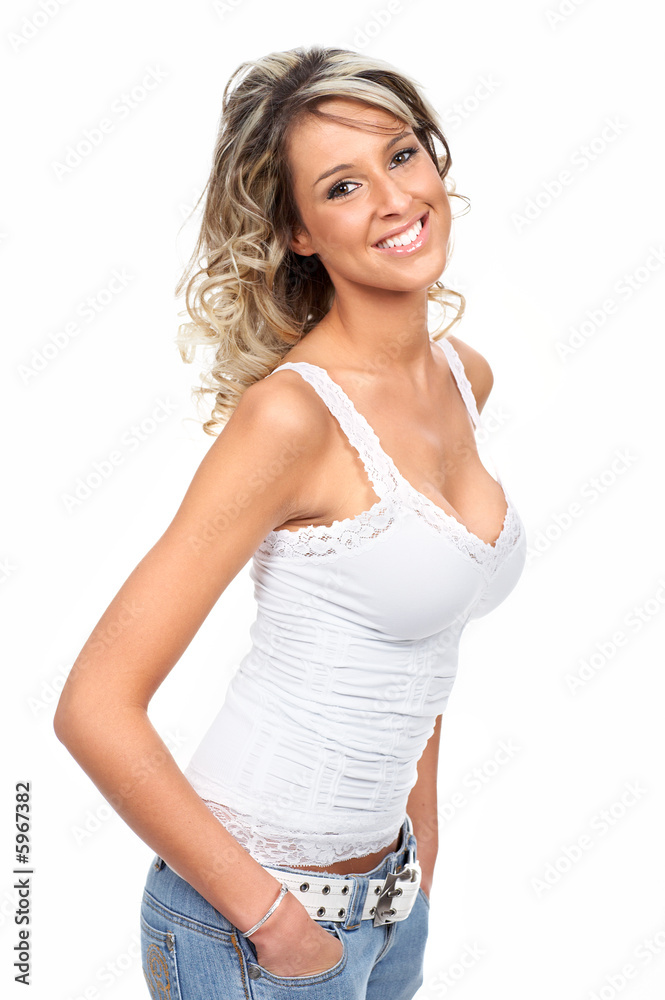 Happy blonde woman laughing. Over white background. Happy blonde woman laughing. Over white background.