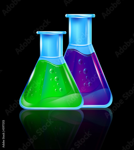 3d illustration of beaker/flasks filled with colored liquid