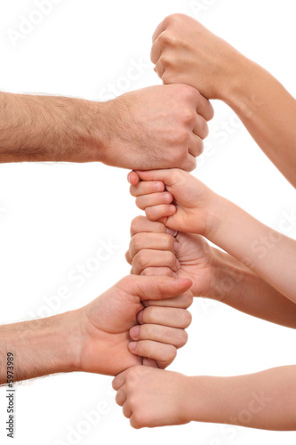 lots of human hands isolated on white - team concept