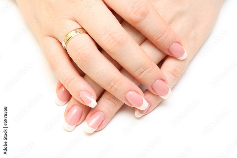 Manicure, women's hands with beautiful drawings on the nails