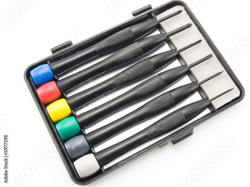 Set of screw-drivers in a plastic box on a white background