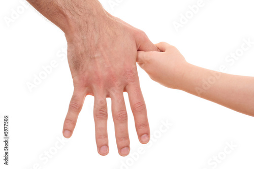 two hands - one of man and one of child isolated on white