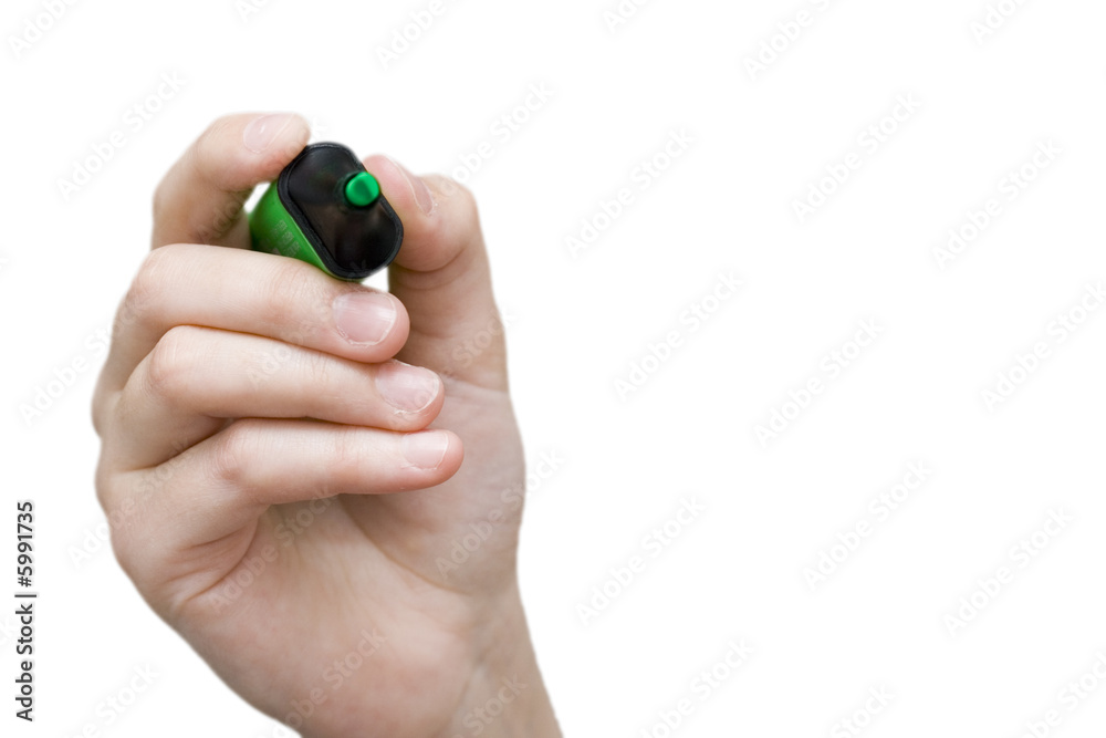woman holding green pen isolated on white background woman holding green pen isolated on white background
