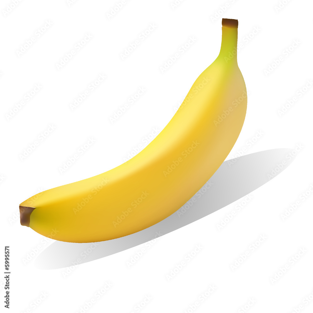 Bright yellow ripe banana with drop shadow.
