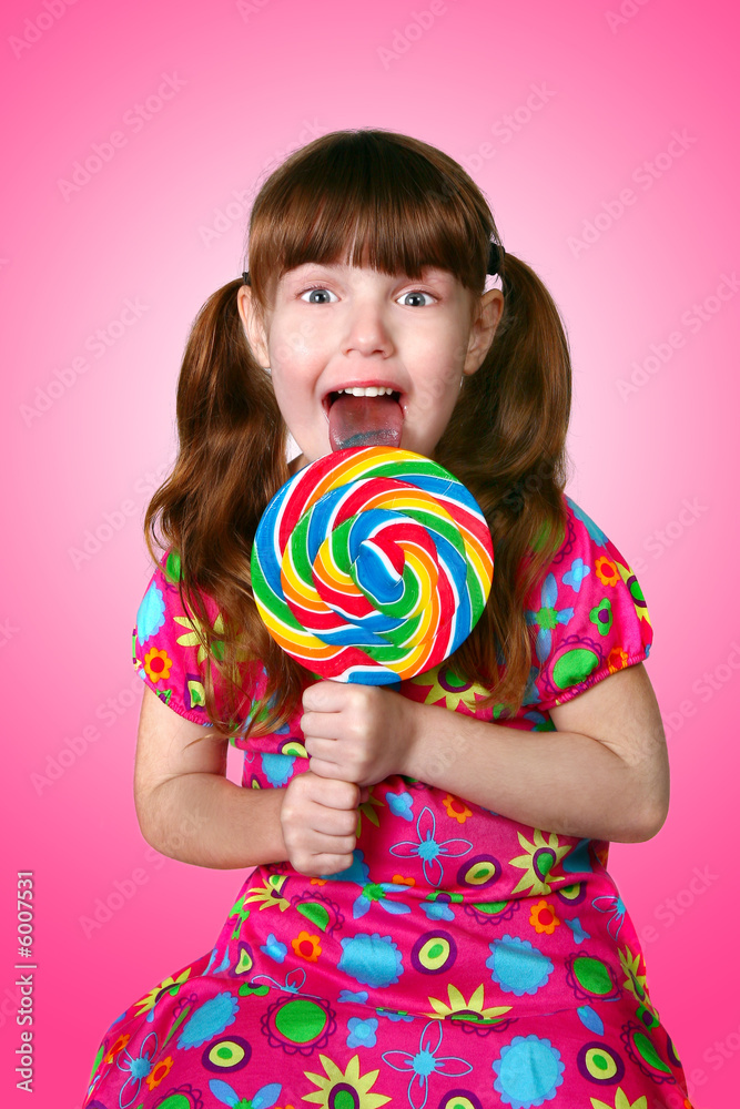 Bright Pink Image of a Girl Licking a Lollipop