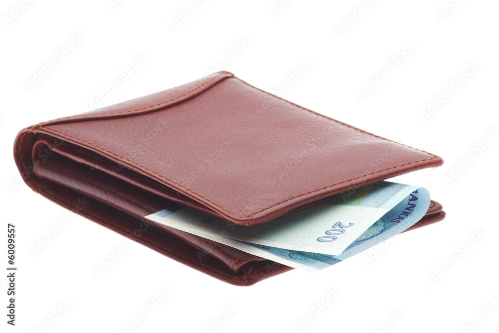 brown leather wallet with sticking oute bank note