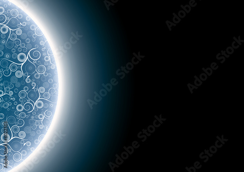 Blue floral vector planet with bright horizon fading to black