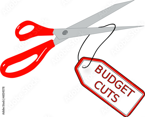 scissors cutting off tag that says budget cuts - vector