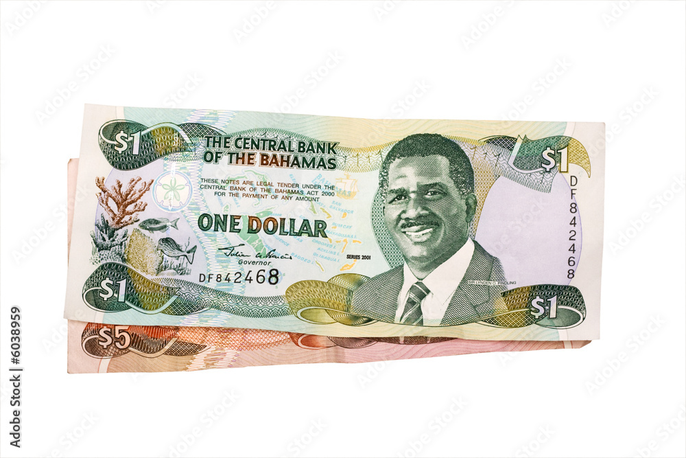 Bahamas 5 and 1 dollar bill isolated on white