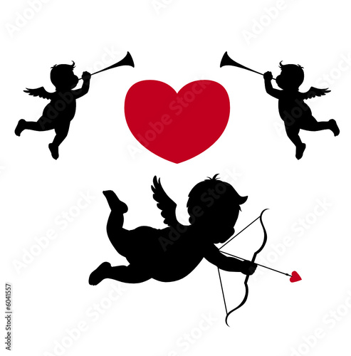 Silhouette cupid and musician angels