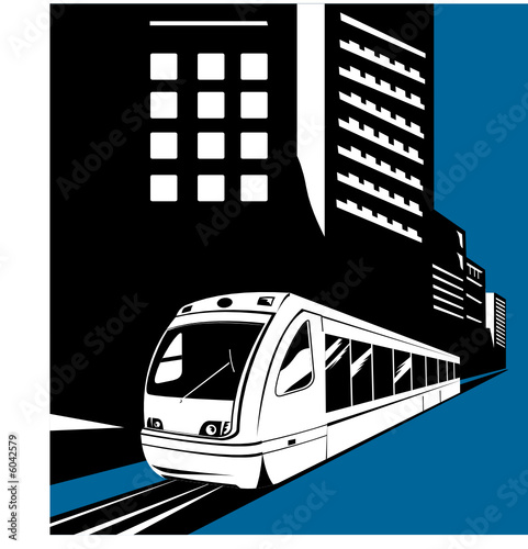 Light rail with buildings in the background