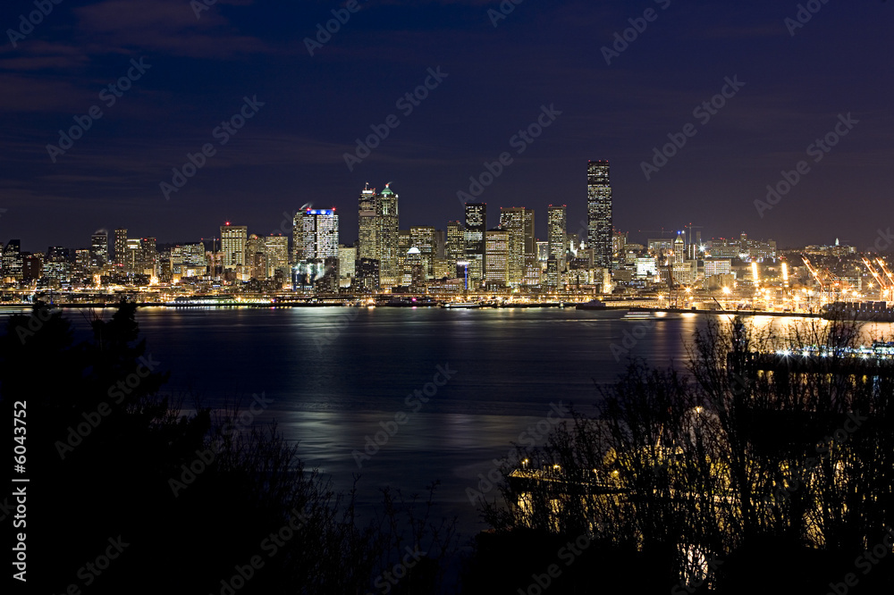 Nighttime Seattle skyline from across the sound