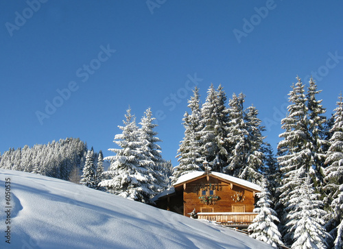 Pretty snow covered wood cabin in winter 