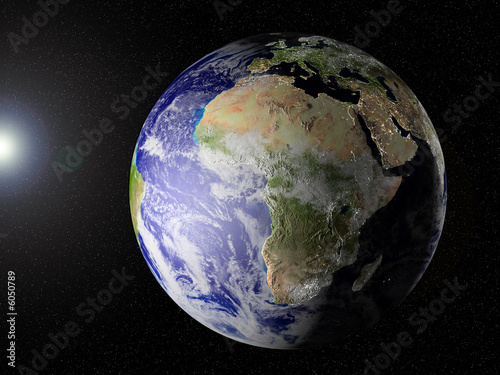 Globe of planet Earth, view on Africa. CG, elevation, lights