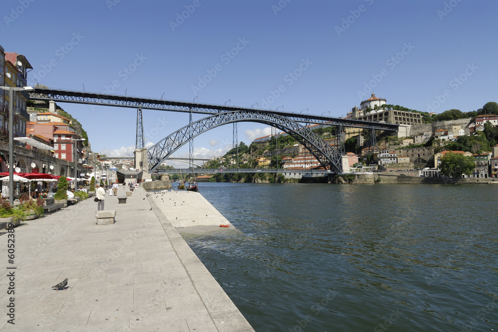 view of the Dom Luis I bridge from Cais da Ribeira, Porto