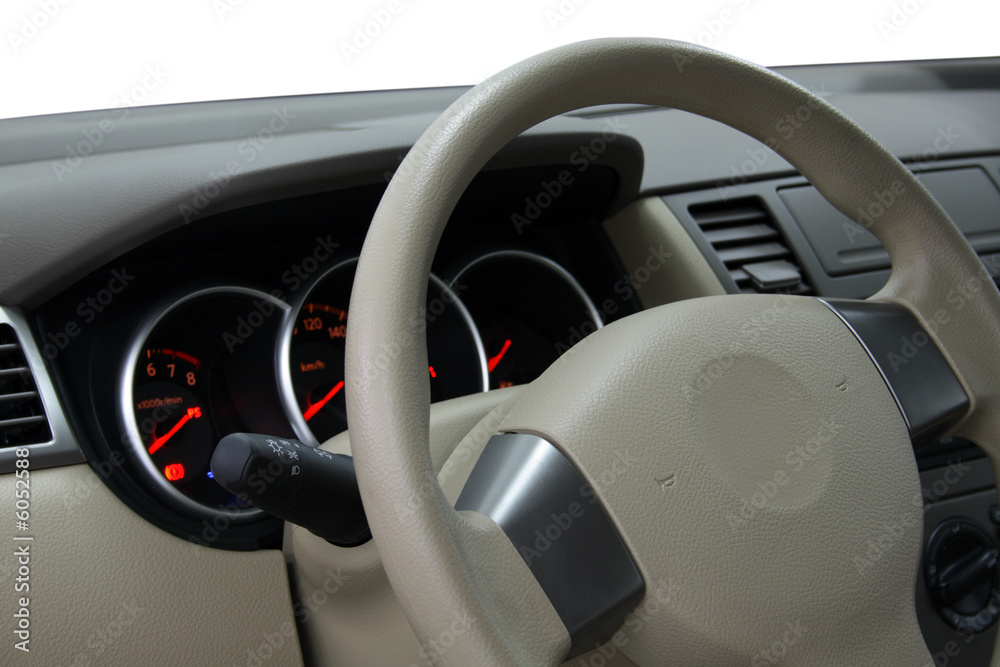 Dashboard and steering wheel closeup view