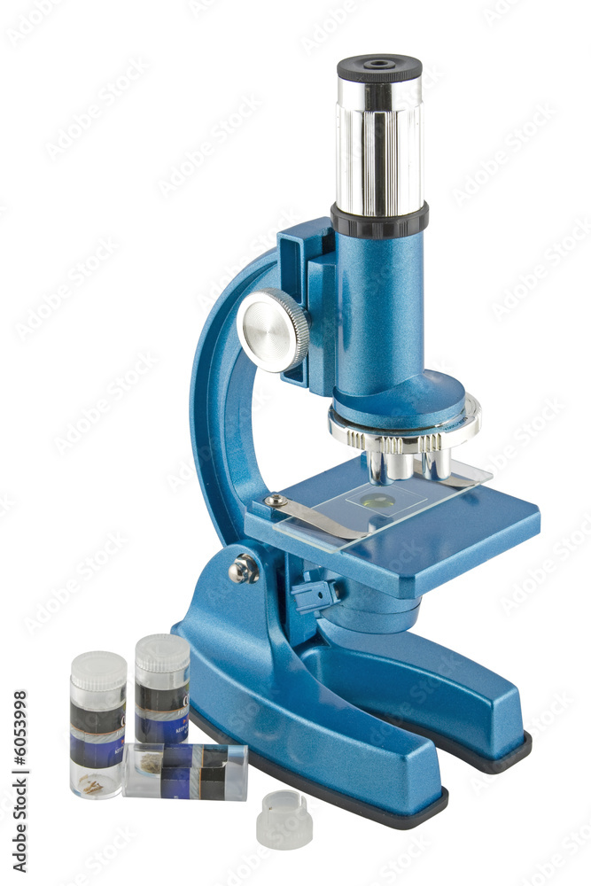 Close-up of a blue microscope isolated on a white Close-up of a blue microscope isolated on a white