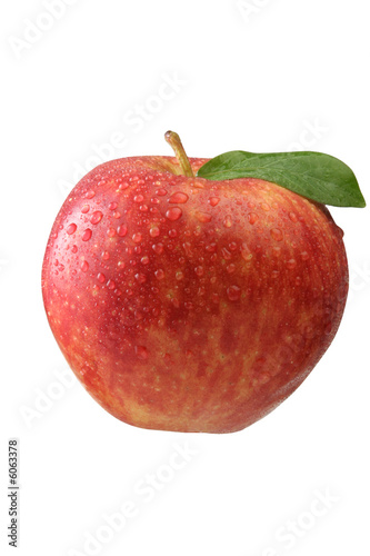 Red apple on isolated background with green leave