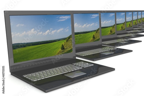 Row open laptops with a lan...