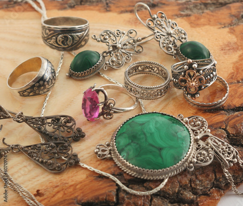 silver jewelry & malachite, ruby, filigree