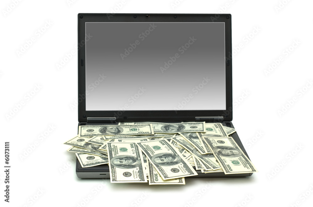 E-commerce concept with dollars and laptop isolated on the white E-commerce concept with dollars and laptop isolated on the white