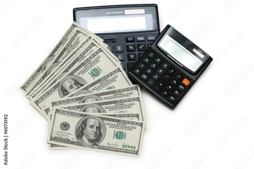 Dollars and calculators isolated on white background Dollars and calculators isolated on white background