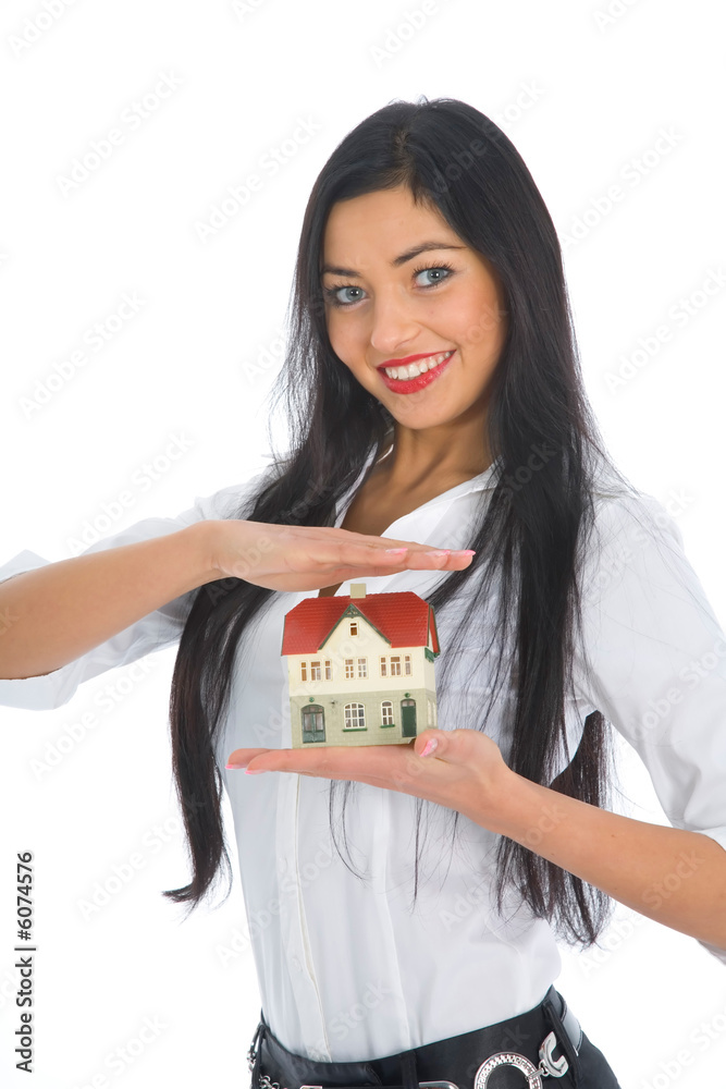 Business woman advertises real estate on isolated background Business woman advertises real estate on isolated background