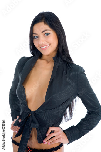 portrait of the brunette with blue eye on white background