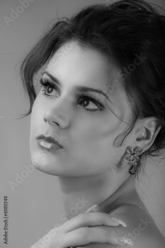 portrait of young pretty woman, black and white