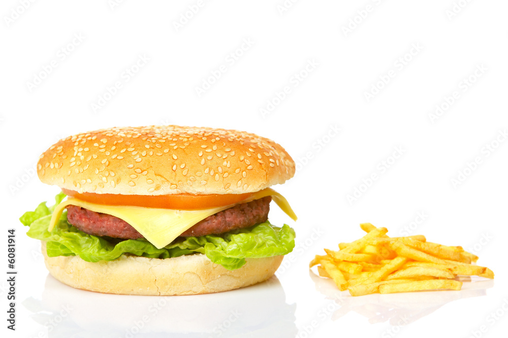 Hamburger and fries, reflected on white background. Shallow DOF Hamburger and fries, reflected on white background. Shallow DOF