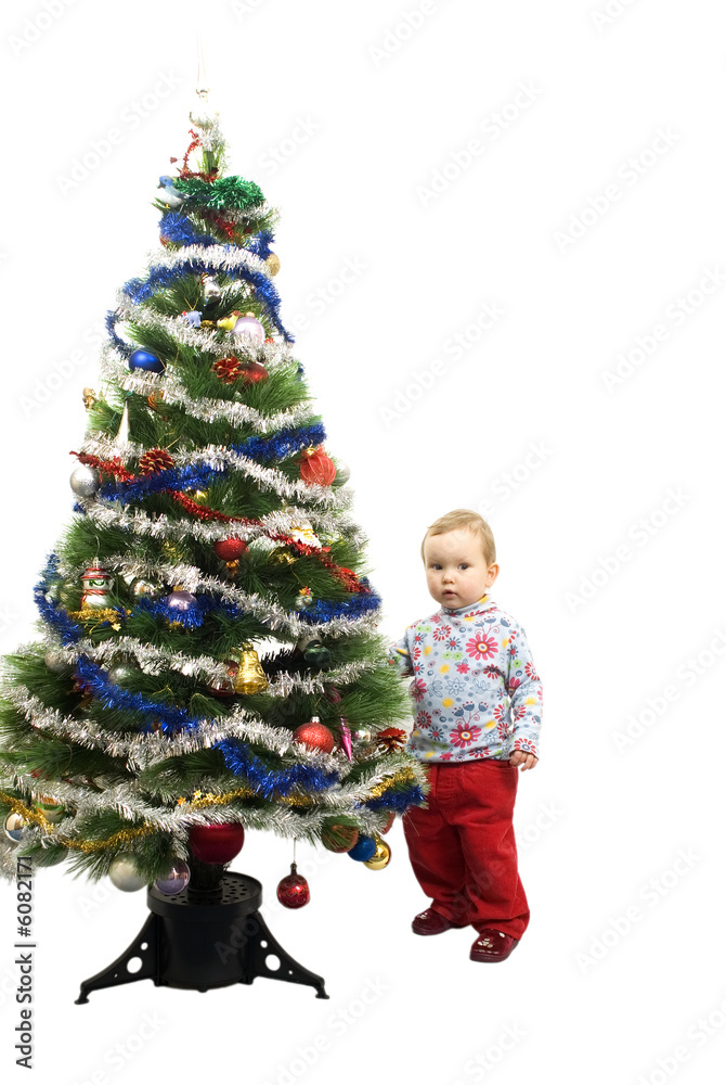 Baby girl and christmas tree isolated on white background Baby girl and christmas tree isolated on white background