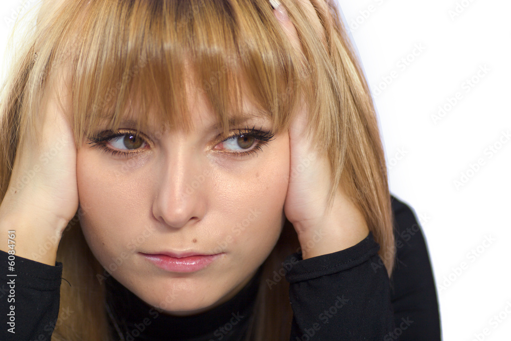 Worried woman holding her head isolated on white Worried woman holding her head isolated on white