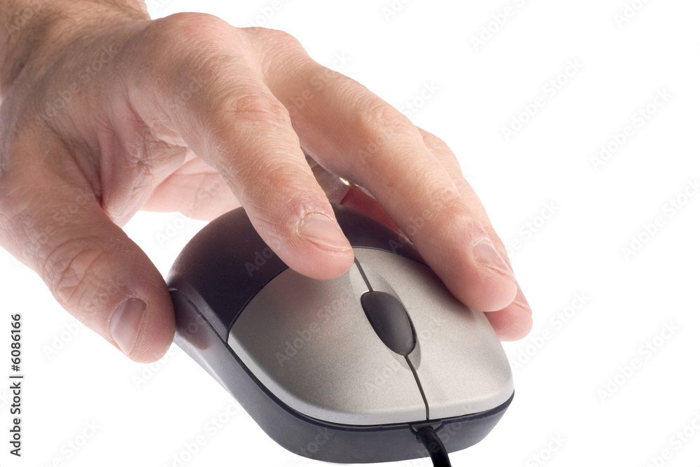 macro of hand on computer mouse isolated on white macro of hand on computer mouse isolated on white