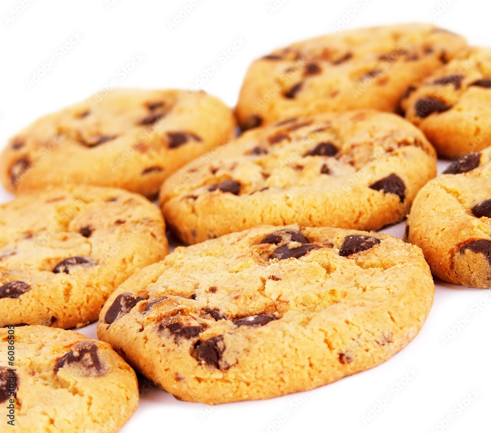 Chocolate chip cookies background isolated on white