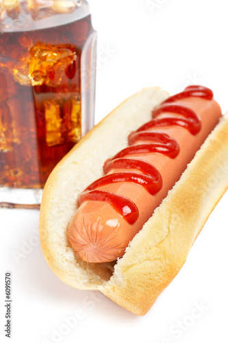 hot dog and soda with shadow on white background. Shallow DOF