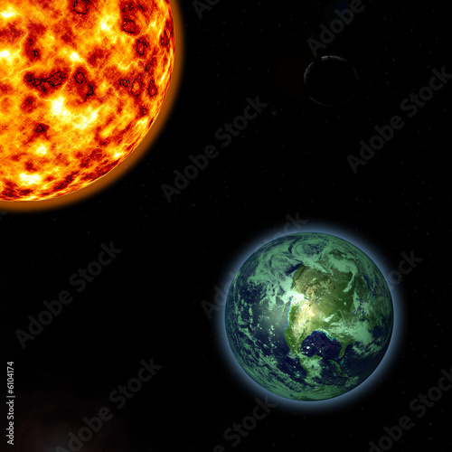Render of Sun and earth in High resolution 3D 