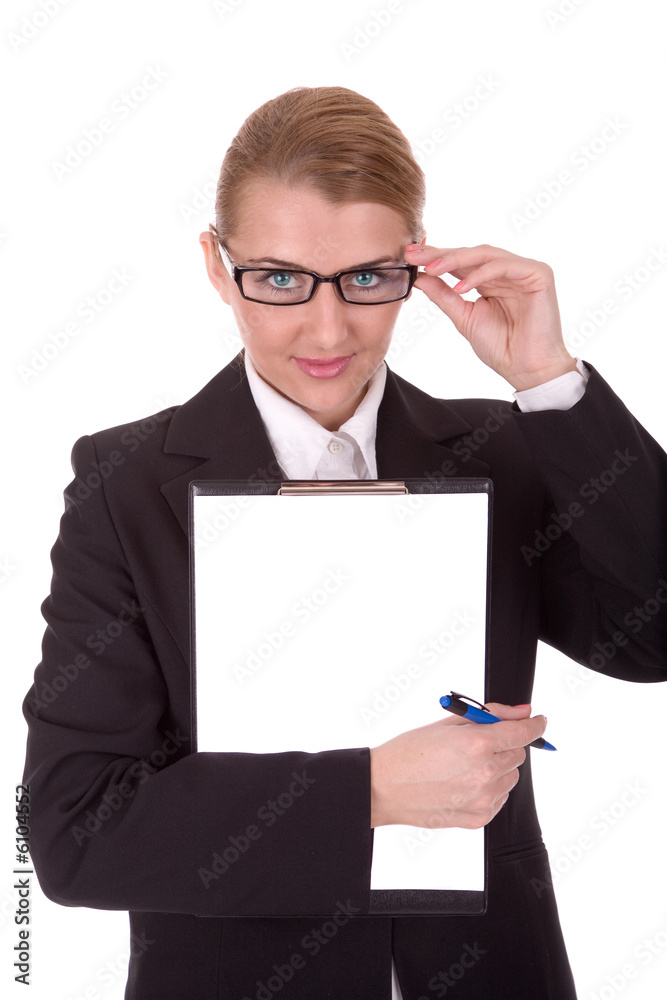 Friendly businesswoman hold a document over white. Friendly businesswoman hold a document over white.