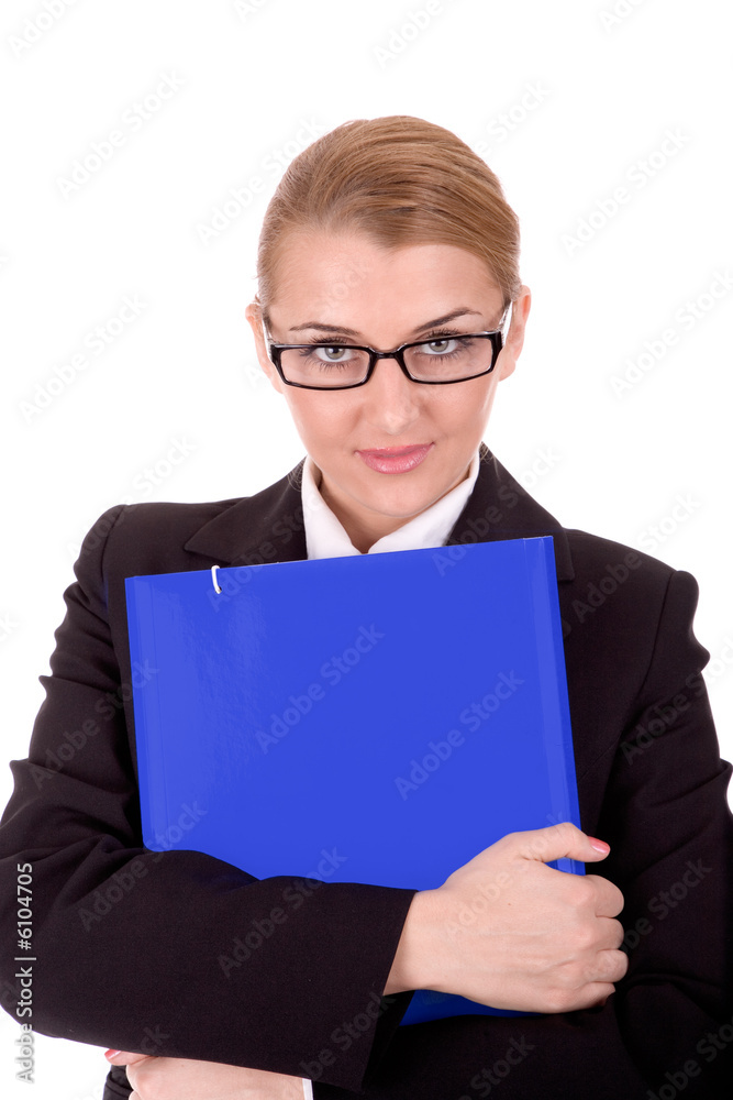 Friendly businesswoman hold a document over white. Friendly businesswoman hold a document over white.