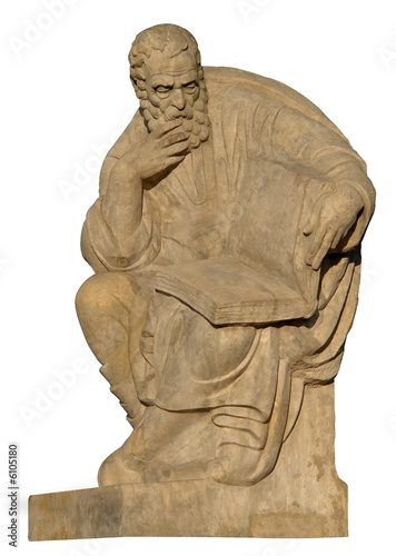 Stone sculpture of Aristoteles. Isolated with path.