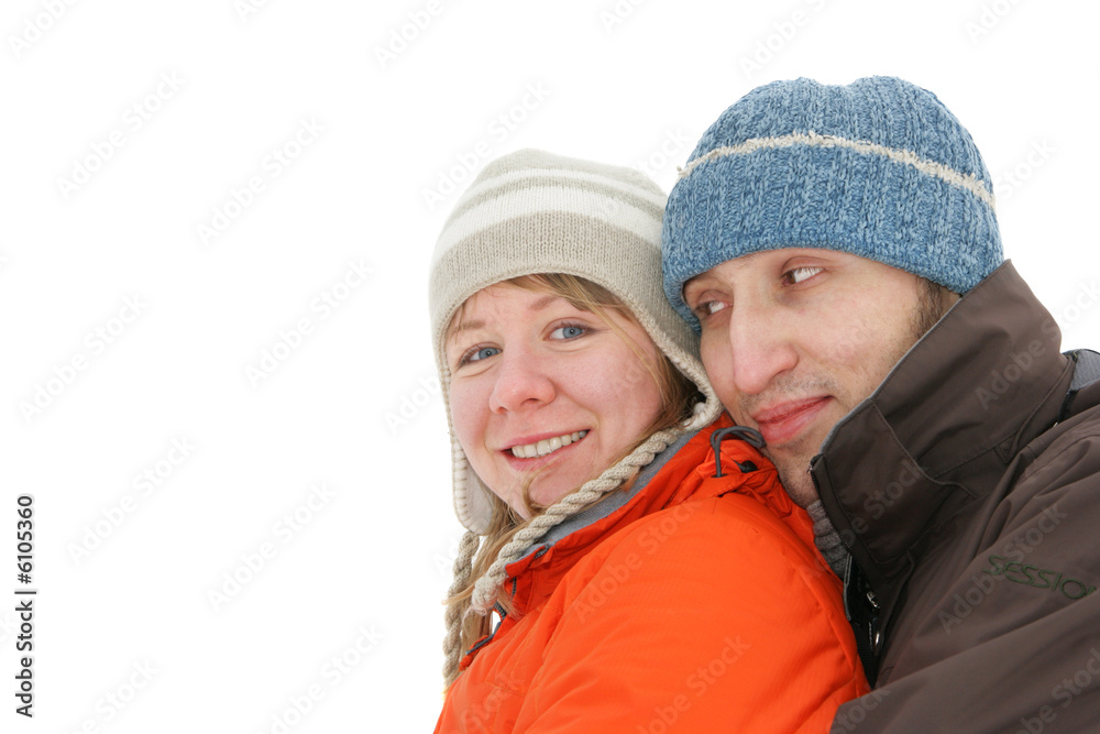 Fototapeta premium Young couple close-up isolated over white background