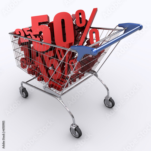 Shopping cart full of percentage. Concept of discount. photo