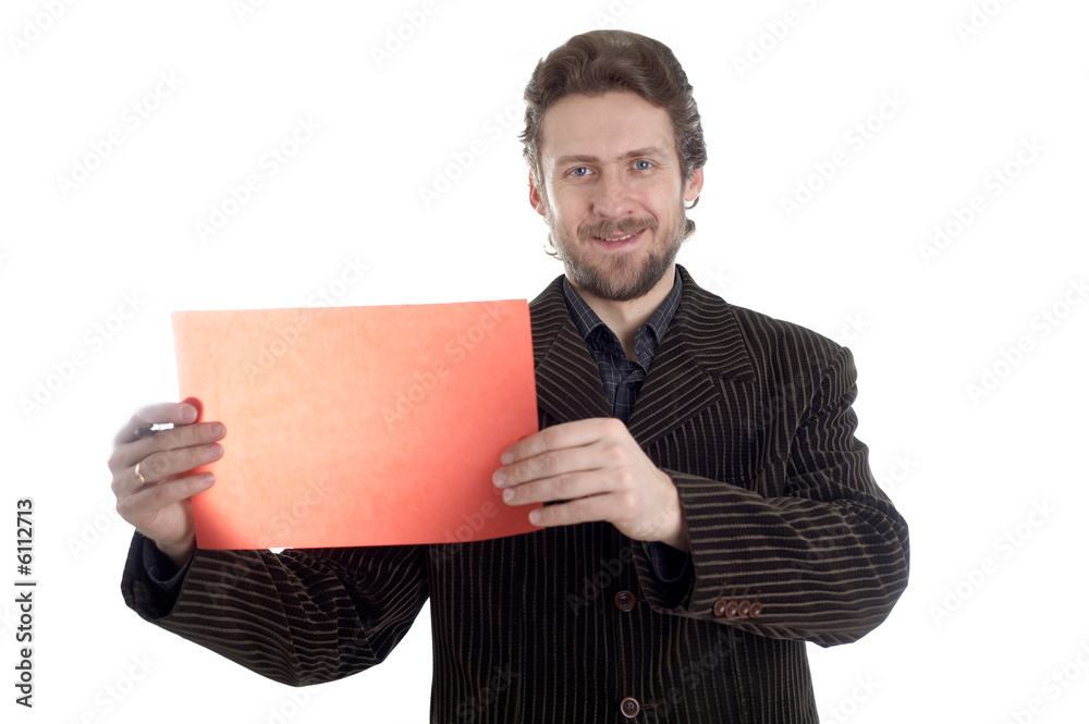A bearded manager gives papers for signature A bearded manager gives papers for signature